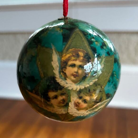 Vintage Decoupage Christmas Ball Ornament Set of 3 - Paper Mache Angel & Roses - Picture 3 of 14